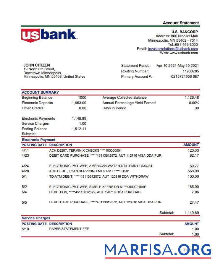 Downloadable USA Bancorp bank statement excel real example